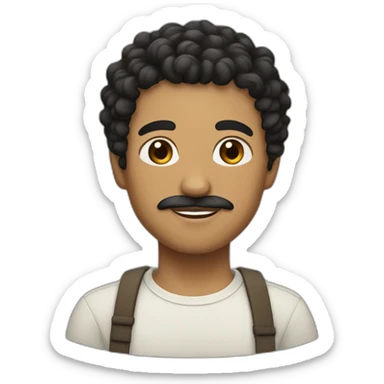 Light brown skin with short curly black  hair and a small thin moustache sticker