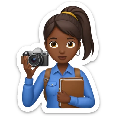 journalist dark skin woman ponytail holding camera and notebook sticker