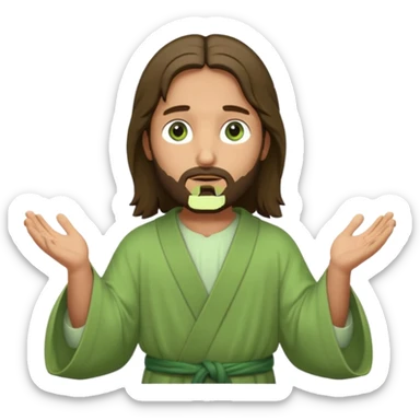 Jesus, green eyes, light green robe. opening arms, gazing thoughtfully. Soft light, subtle fern. Waist-up, profile. sticker