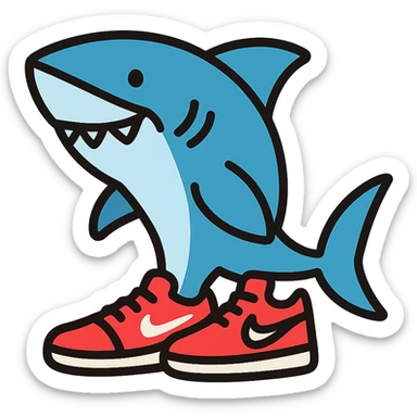 shark wearing red Nike shoes, clean icon style sticker