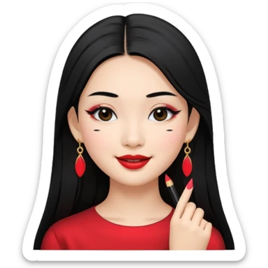 A Asian girl with fare skin and earrings, long straight black hair that is covering her checks with black eyes, smiling with a open wings eyeliner sticker