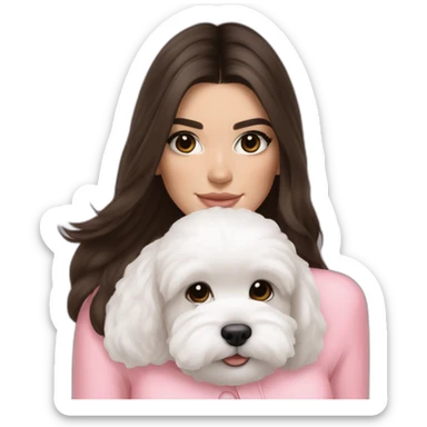brunette Kendall Jenner with long hair holding on the hands white maltipoo wear on pink collar sticker