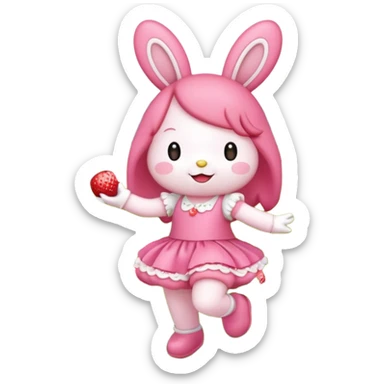 My melody dancing in a meadow of flowers while eating a strawberry sticker