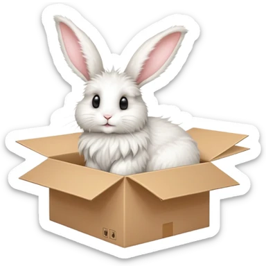  A very cute young Angora long rabbit  with one's head tilted to one side poked its paws out of the cardboard big box and placed them on top of it sticker