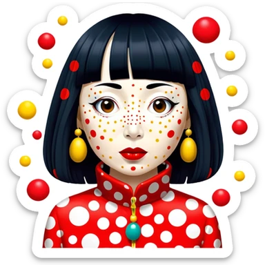 Yayoi Kusama – Cinematic Realistic Portrait of old Japanese artist Yayoi Kusama, depicted as an avant-garde artist with an eccentric, captivating expression surrounded by her iconic polka dot patterns, rendered with vivid textures and imaginative lighting that evokes her unique, surreal creative world. sticker