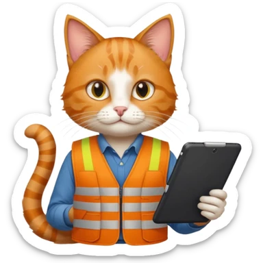 worker cat wearing orange west holding a tablet sticker