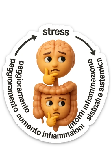 EMOJI STILE IPHONE 3D DI un cerchio con queste scritte che girano intorno "stress → peggioramento intestinale → aumento infiammazione → peggioramento sintomi intestinali e sistemici." al centro del cerchio metti un cervello e intestino umani collegati verticalmente con espressione dubbiosa in volto, FALLO MOLTO REALISTICO IN 3D sticker