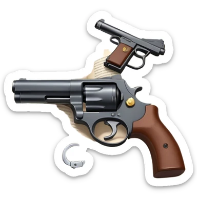 Icon for Action & Crime Reading: an open book with action-packed scenes, featuring a gun, handcuffs, a detective's badge. The icon should capture the tension and excitement of crime and action stories. Transparent background. sticker