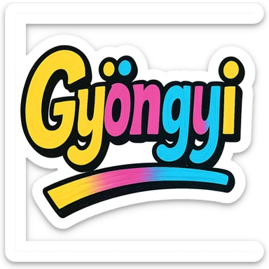 Gyöngyi name in modern colorful gradient font with dark outline, dynamic slanted or partial underline, in the style of reference patterns sticker