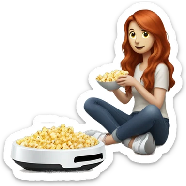 A redhead lady with long hair eating popcorn sitting down watching a robot vacuum  sticker