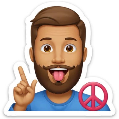 Man with beard sticking tongue out with peace sign under tongue sticker