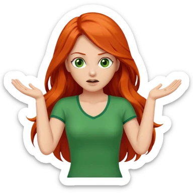 lady with long red hair, green eyes and orange top throwing arms in the as if confused sticker