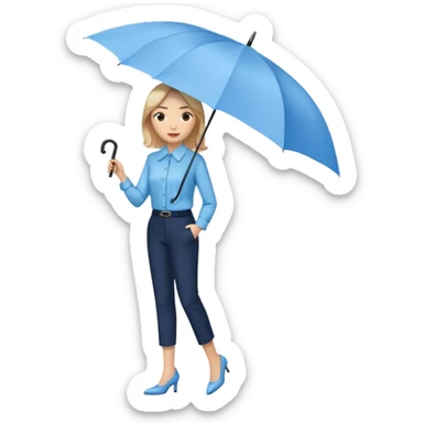 female smart light blue blouse, dark trousers, shoes. one hand holding an umbrella sticker