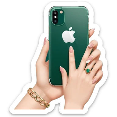 female hand with nude manicure showing 5 fingers (pinky, ring, middle, index, thumb) holding a white iPhone in a dark green case, minimalism, emoji style sticker