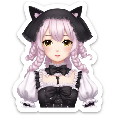 Gorgeous gothic Lolita anime style catgirl with blushing face with maid outfit laces headdress idol model kawaiicore pearly petite simplistic aesthetic trending style sticker