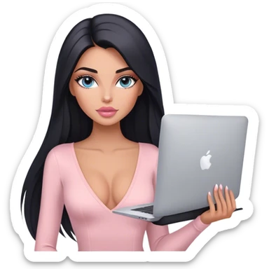 Glamours, tanned, very beautiful girl, with big pump peach-beige-rose lips, long lashes, black straight smooth silky long hair, straight parting hair, blue-grey eyes, in light-pink v-neck bodysuit holding MacBook sticker