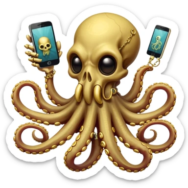 Intimidating octopus skeleton. Evil looking eyes, wearing a gold necklace. 3 tentacles are holding their own cellphone with one held to the side of its face as if its on a phone call, 2 other tentacles are holding stacks of money sticker