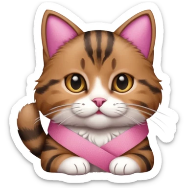 a  brown and black tabby cat, with a pink bandage on her front paw, sticker