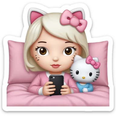 hello kitty tucked into bed on her phone sticker