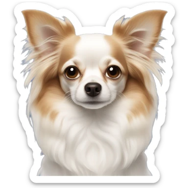 Long-haired white Chihuahua with reddish brown markings wearing royal blue pajamas sticker