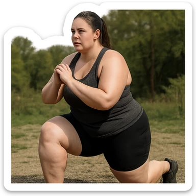 hyper realistic 4K woman training outdoors, fat on thighs and legs, normal physique, realistic details, natural background sticker