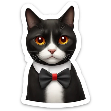 Grumpy black cat with white triangle marking only under the  chin ( nose is back, nose bridge is black, chin is white, chest is white) wearing a red bow tie  sticker