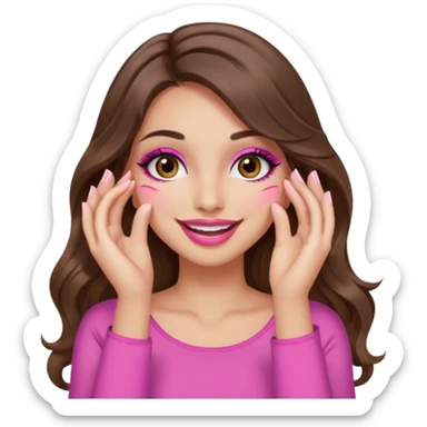girl with long wavy brown hair, brown eyes, long lashes makeup, sexy pink lips, light to medium complexion, pink sexy top, smiling, hand covering eyes sticker