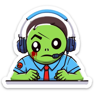 zombie call center employee with headphones, torn uniform, and dead eyes sticker