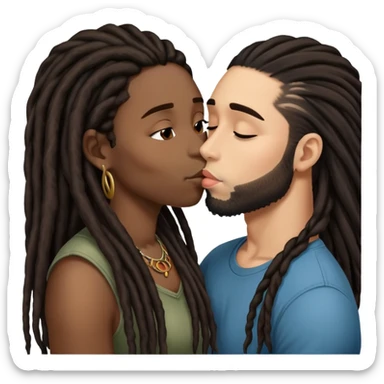 Latina Woman with long hair kissing a young black guy with dreads chin hair sticker