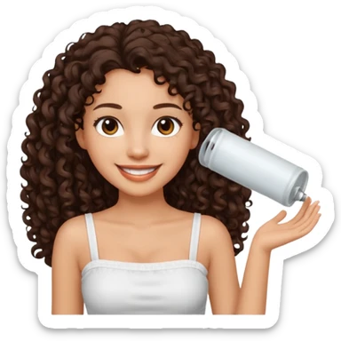 Woman with light skin and dark brown eyes and dark brown long curly hair and white tube top sticker