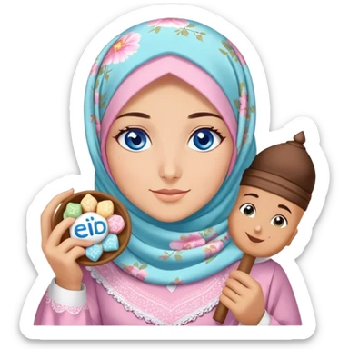 Turkish beautiful finish Konya girl blue eyes with pastel floral hijab islamic dress and had on her hand text Eid Mubarak with sweets and celebrating with her friends eid days   sticker