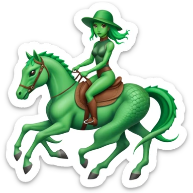 reptilian alien green woman, rides horse sticker