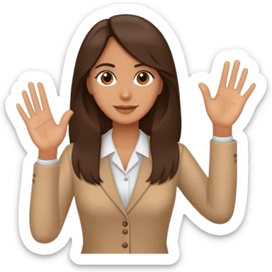 A teacher with long brunette hair and brown eyes, saying hallo with the hand sticker