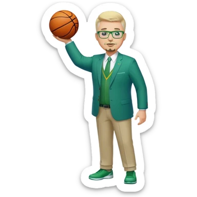 Full Body white male plus size wearing glasses with a goatee with light blonde and gray very short hair happy basketball head Coach in blue and green suit sticker