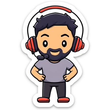 Animated happy man with black hair, brown eyes, black beard, gaming headset sticker