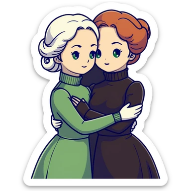Two Victorian women with light green eyes embracing sadly. One has bright white coiffed hair, the other has dark copper coiffed hair. Both wearing Victorian turtleneck dresses, hugging tightly sticker