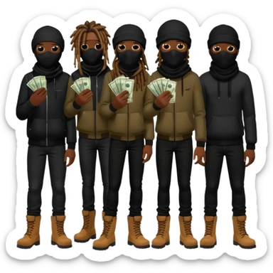 Group of African American men with dreadlocks wearing black ski masks covering their face wearing black skinny jeans and black timberland boots holding money and drugs sticker
