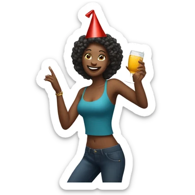 Woman dancing with drink in her hand wearing party hat sticker