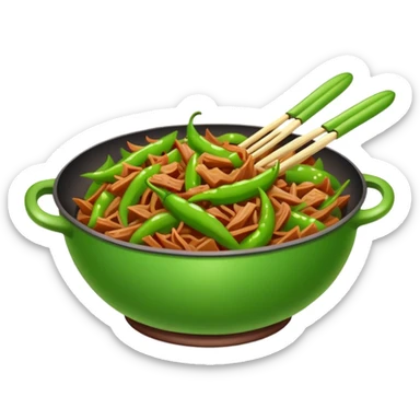 Green Pepper with Shredded Pork in wok, simplified emoji style with bold outlines and bright colors, cartoon style Qing Jiao Rou Si homestyle dish sticker
