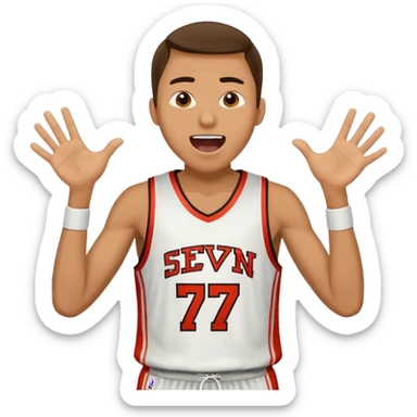 Maverick Trevillian in the crowd at an amateur basketball game. He leans towards the camera and enthusiastically shouts "six seven sticker