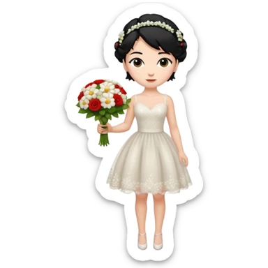 Chica blanca,cuerpo entero, vestido boda corto, pelo negro,   1 ramo de flores , pelo recogido con mechones sticker