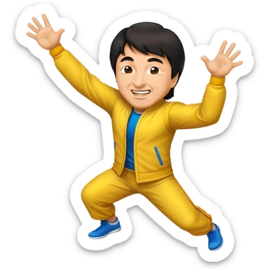 Cinematic Realistic Jackie Chan Pop Culture Emoji, depicted with playful agility and charismatic charm rendered with lifelike textures and vibrant, action‚Äêpacked lighting. sticker