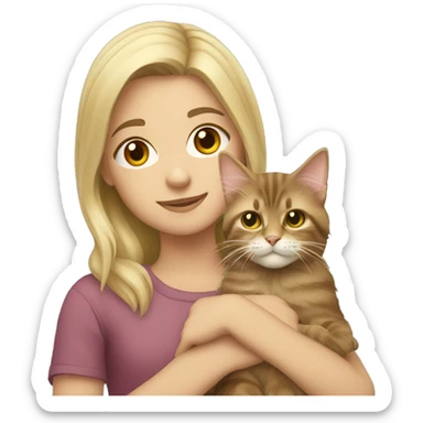 A blonde girl holds a maine coon cat in her arms sticker