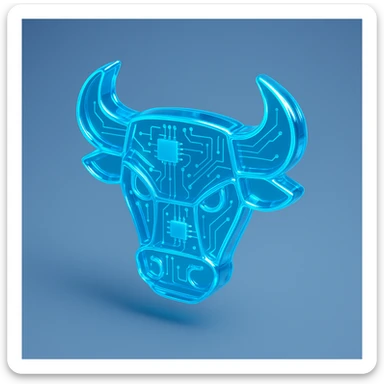 futuristic bull head logo, neon blue, digital circuit pattern, glossy circuit style sticker