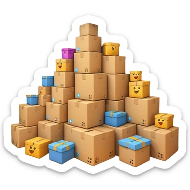 Generate a realistic emoji-style of a overfilled storage room where the packages dont have much space and everything seems chaotic and te packages are falling over sticker