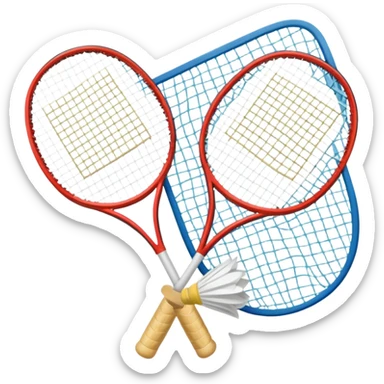 Two crossed badminton rackets with a shuttlecock resting in between, set against the faint outline of a badminton court. The image highlights the tools of the sport, with a subtle emphasis on the court's net and boundaries, symbolizing competition and skill. sticker
