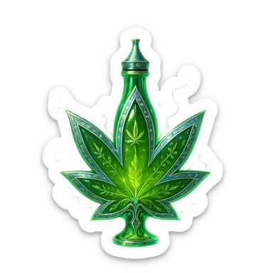 modernus prabangus eliksyro buteliukas, kanapės lapo forma arba su kanapės motyvais, ryški žalia spalva, holografiniai ir sidabriniai ornamentai, itin stiprūs magiški švytėjimai ir efektai, labai mažas kaklelis, skaidrus fonas, vientisas dugnas, be šešėlio, plūduriuoja ore, kolekcijos stilius sticker