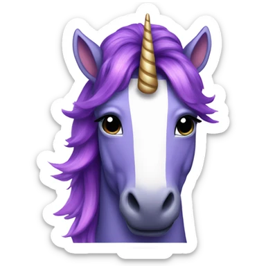Purple Unicorn with indigo hair and a pink stripe in it and the unicorn has a horn sticker