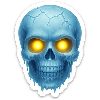 Add glowing eyes to the frozen skull while keeping the icy frost and frozen expression. The image should have no background. Maintain the frozen skull style and icy details. sticker