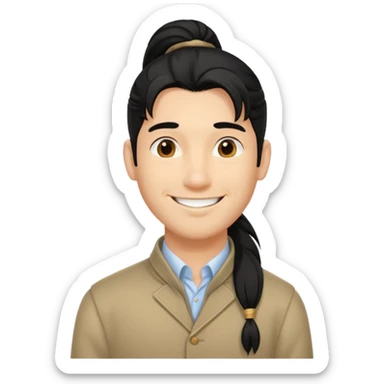 black long pony tail hair man with polite outfit smile warmly sticker